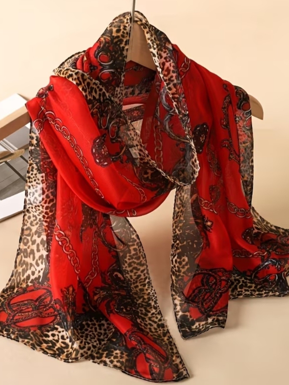 Red Leopard & Chain Pattern Lightweight Fashion Scarf